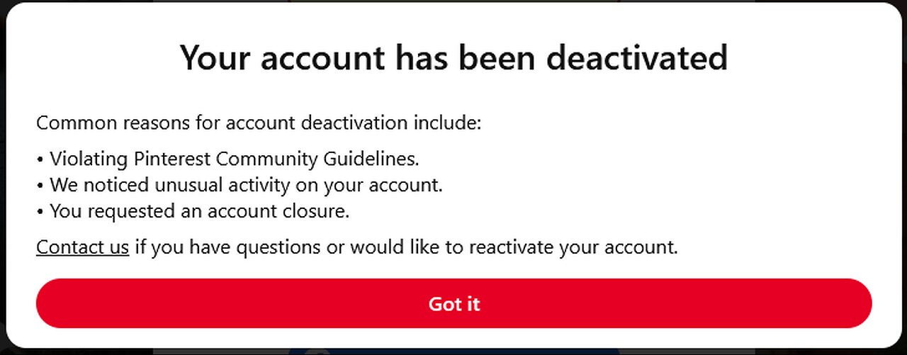 Appeal suspended Pinterest account - bug