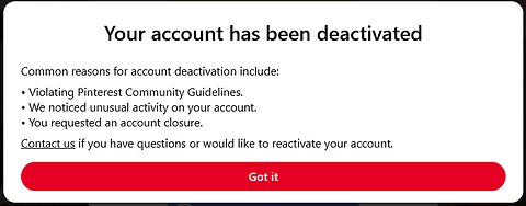 Appeal suspended Pinterest account - bug