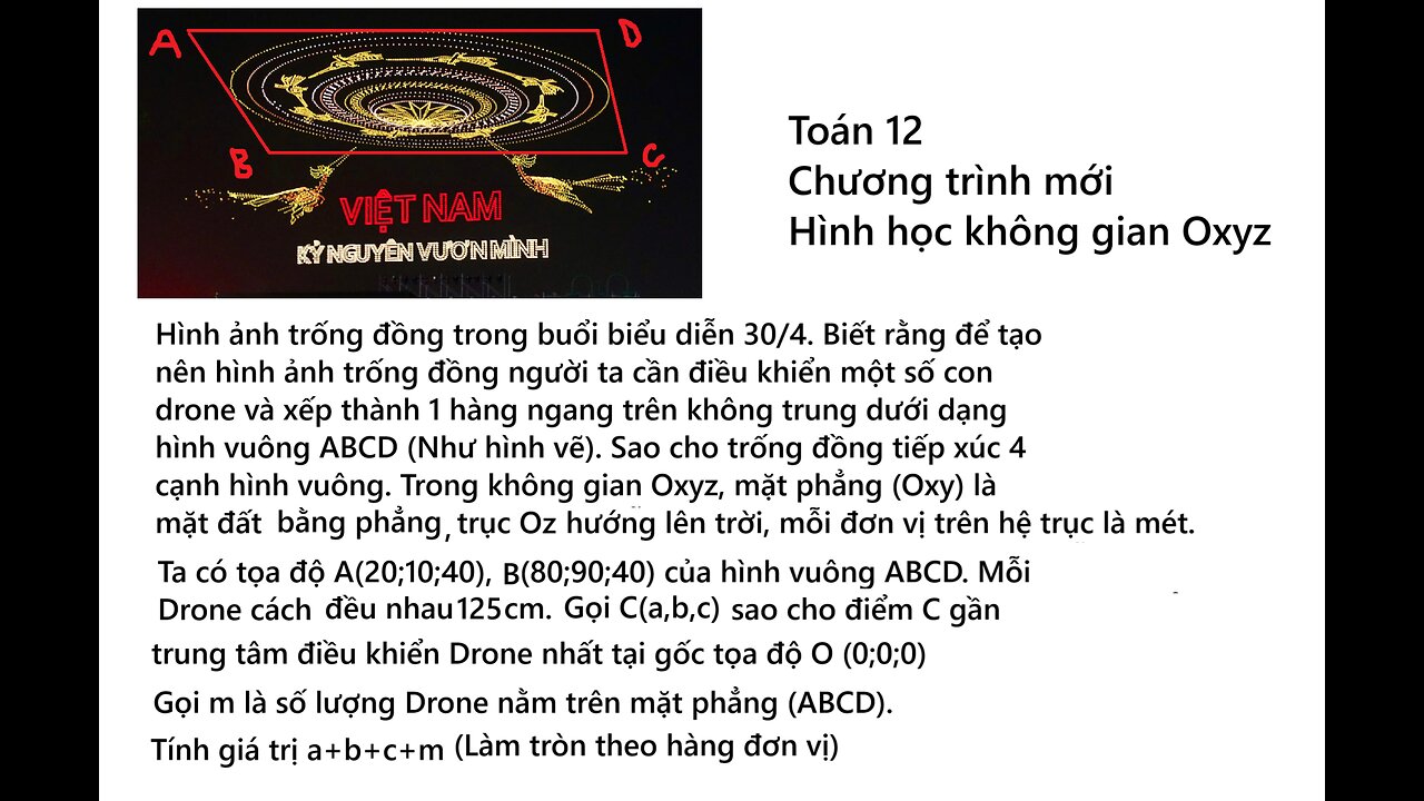 Toán 12: Hình ảnh trống đồng trong buổi biểu diễn 30/4. Biết rằng để tạo nên hình ảnh trống đồng