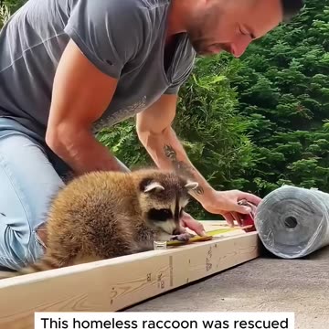 This homeless raccoon was rescued and adopted by kind people