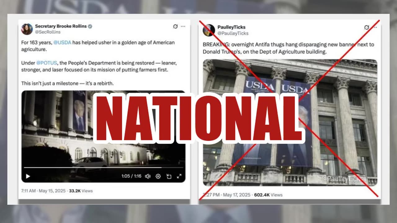Fact Check: Antifa Did NOT Hang Epstein Banner Next To Donald Trump's On Agriculture Building