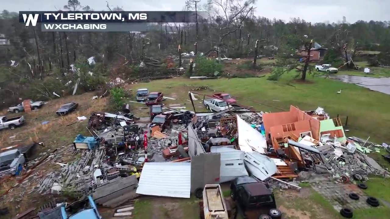 Drone footage of the tornado damage in Tylertown, Mississippi.