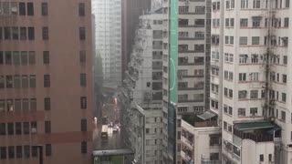Intense rain creates a waterfall in Hong Kong