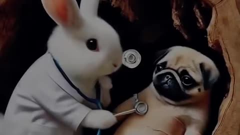 cute rabbit rescued poor pug, then pug fighted for him