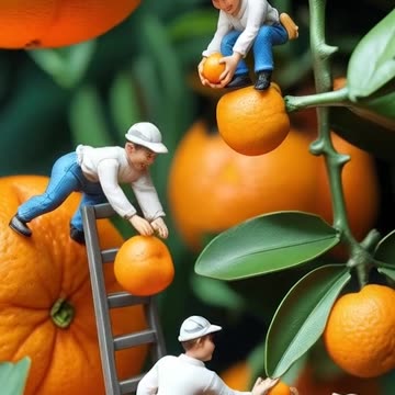 a group of people climbing up a ladder to pick oranges