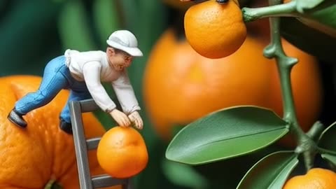 a group of people climbing up a ladder to pick oranges