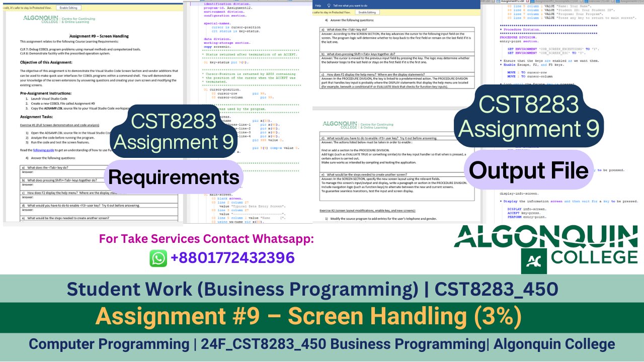 Student Work (Assignment)| 24F_CST8283_450 Business Programming Assignment 9 Work video | Algonquin