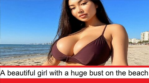 A beautiful girl with a huge bust is sunbathing on the beach by the ocean