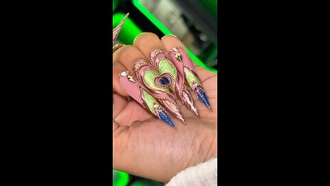 💎 Luxury Very Long Nails Art | Skin, Blue, Golden & Parrot Color with Stone Work ✨