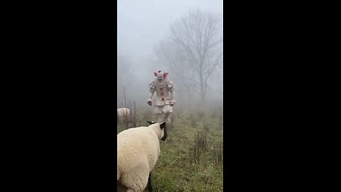 Scary clown chases sheep around with a knife