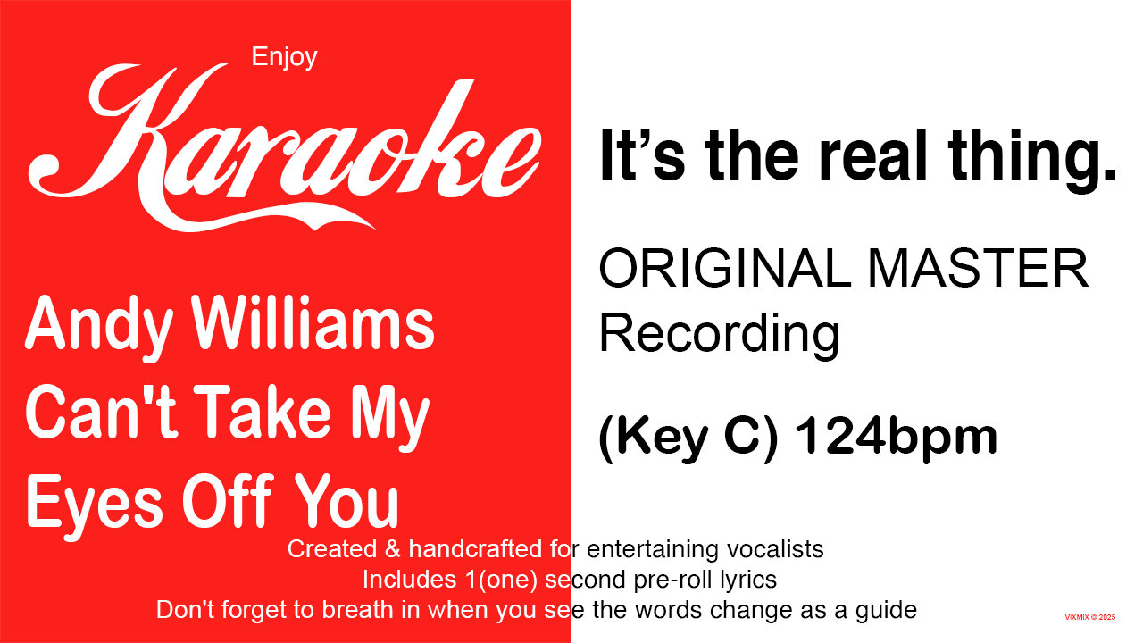 Andy Williams - Can't Take My Eyes Off You (Key C) 124bpm (2025) Karaoke