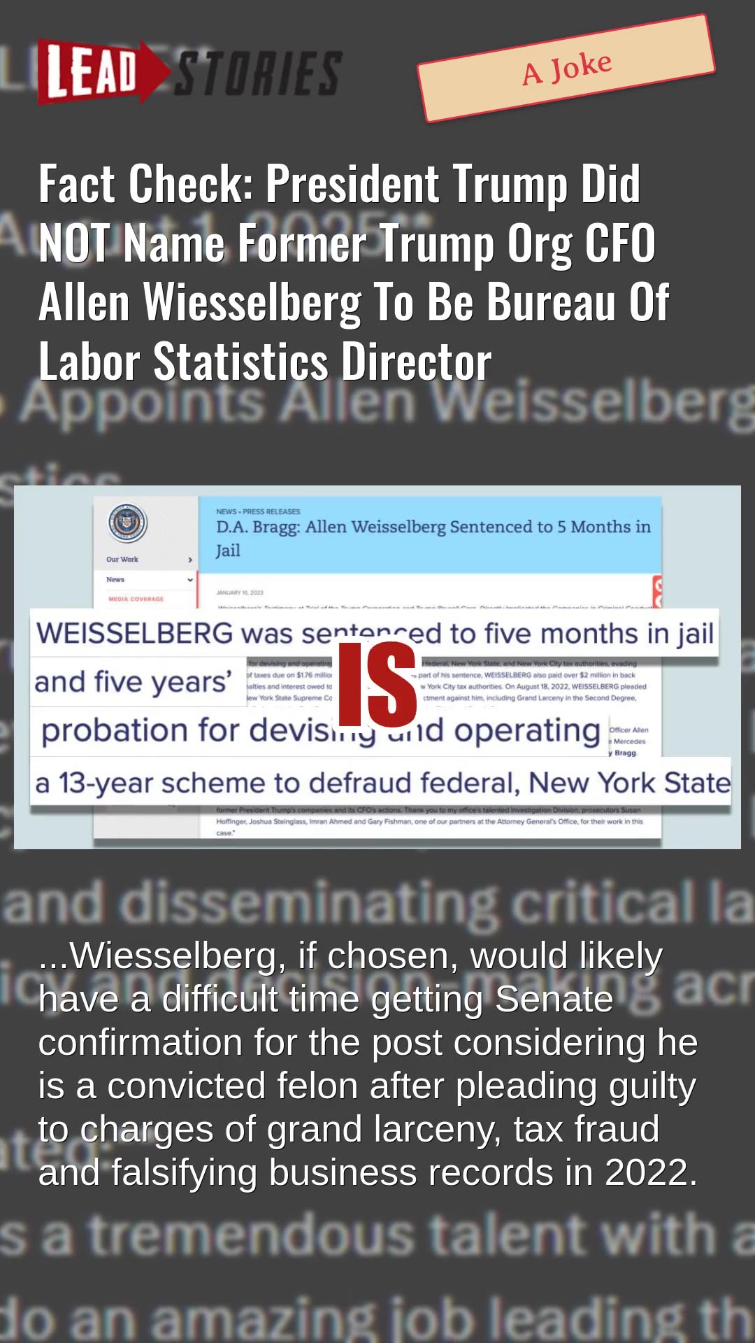Fact Check: Trump Did NOT Name Ex Trump CFO Allen Wiesselberg As Bureau Of Labor Statistics Director