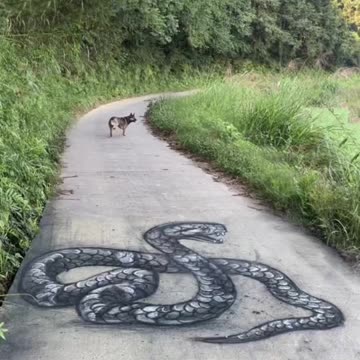 3D painting giant snake in the road