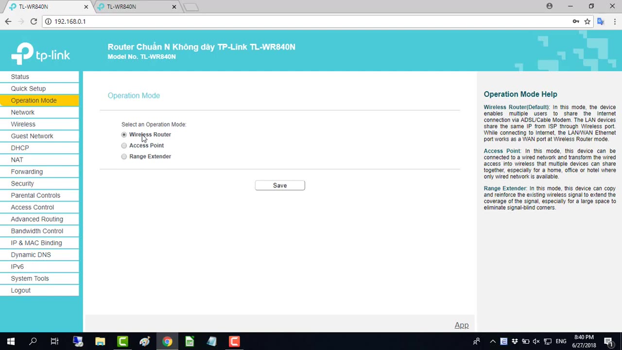 192.168.0.1 Setup TP-LINK wireless N router TL-WR840N NETVN