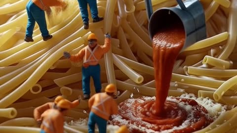 Tiny workers in orange safety gear untangling and arranging giant spaghetti noodles