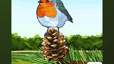 Orange-Breasted Bird Perched on a Pinecone in a Scenic Meadow