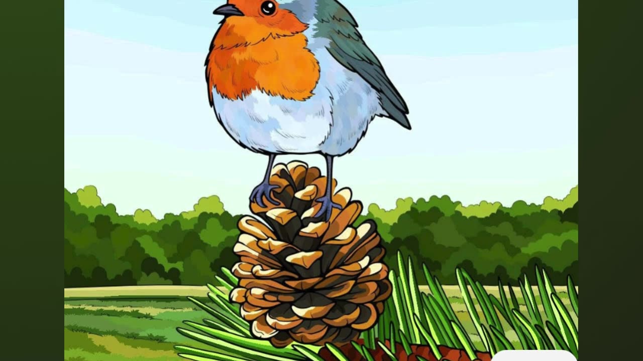 Orange-Breasted Bird Perched on a Pinecone in a Scenic Meadow