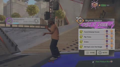 skate._Flip trick(2), grab(2), 360 over the stage challenge
