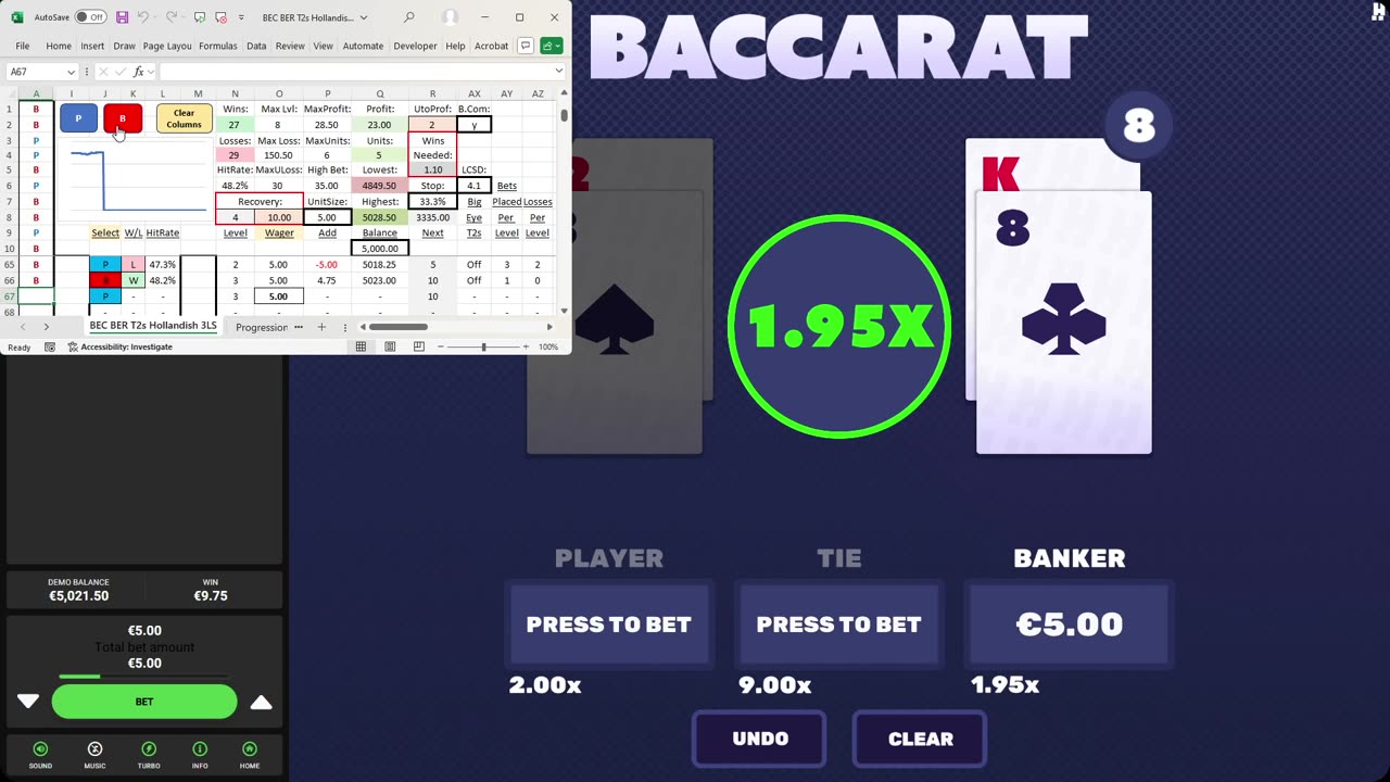 Baccarat - 10 units in 10 minutes, 52.1% HR, 30 unit drawdown, to level 8, Hollandish LCSD 4.1