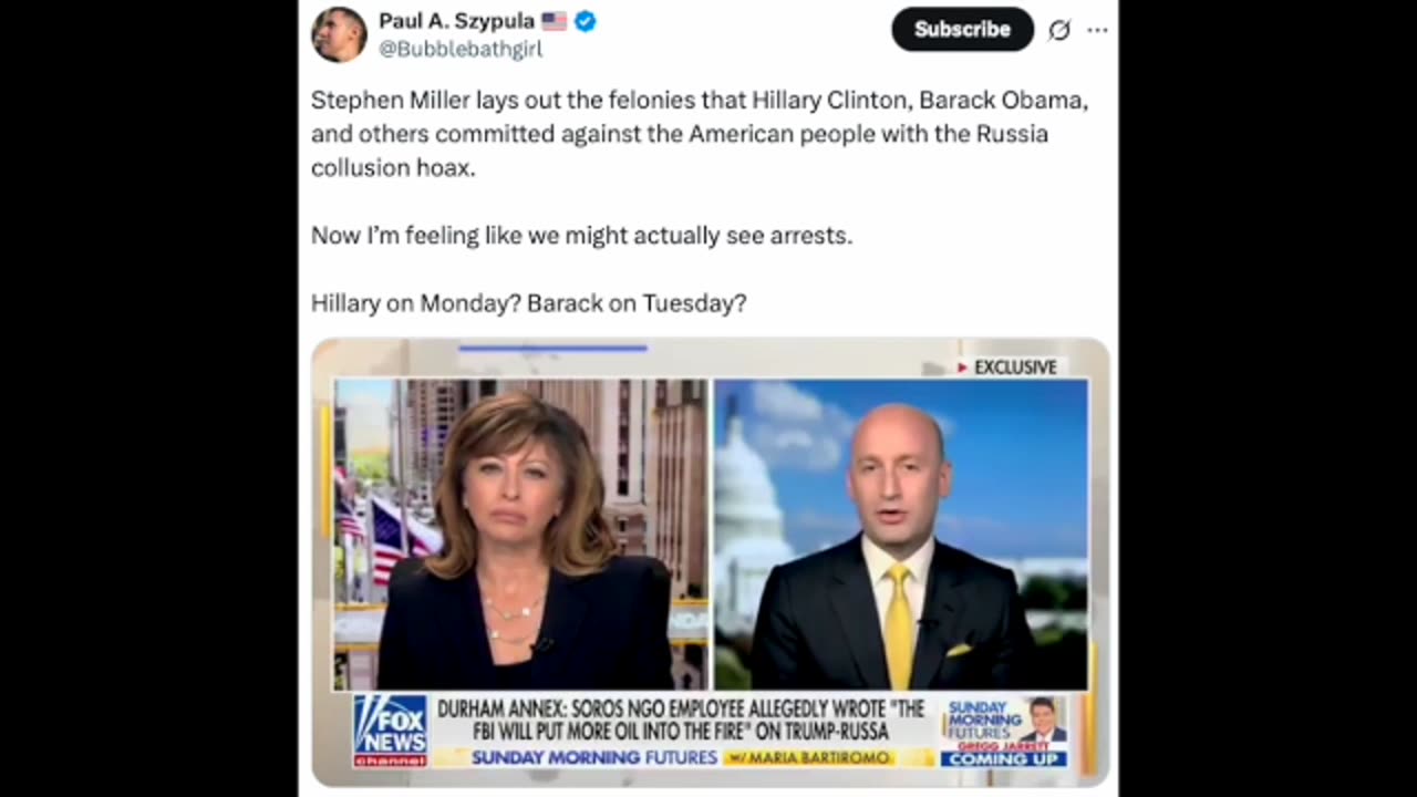 Maria Bartiromo & Stephen Miller Discuss Clinton-Obama Led Conspiracy Against Donald Trump