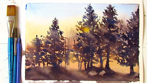 Easy Watercolor Landscape Painting| Sunset in Forest| Tree Silhouette