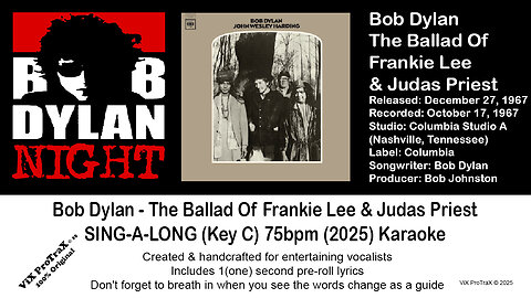 Bob Dylan - The Ballad Of Frankie Lee & Judas Priest SING-A-LONG (Key C) 75bpm (2025) Karaoke