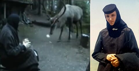 Sfânta pustnică Elisabeta cu cerbul ei, la chilia din Munții Rarăului