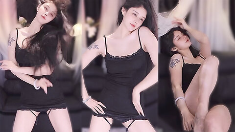 Sultry dance streamer, Black spaghetti strap mini skirt, revealing glimpses of bare legs