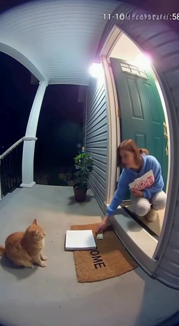 Security Cam Catches Cat Delivering Hot Pizza to Homeowner