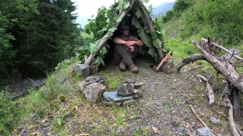 SOLO Bushcraft: CATCH & COOK wild Mountain TROUT at my survival SHELTA!