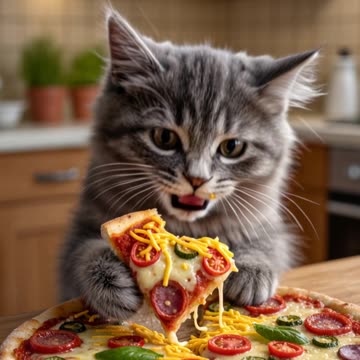 The cat ordered pizza on the weekend and eats carefully.