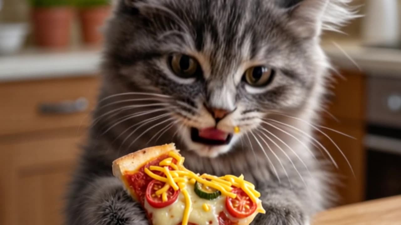 The cat ordered pizza on the weekend and eats carefully.