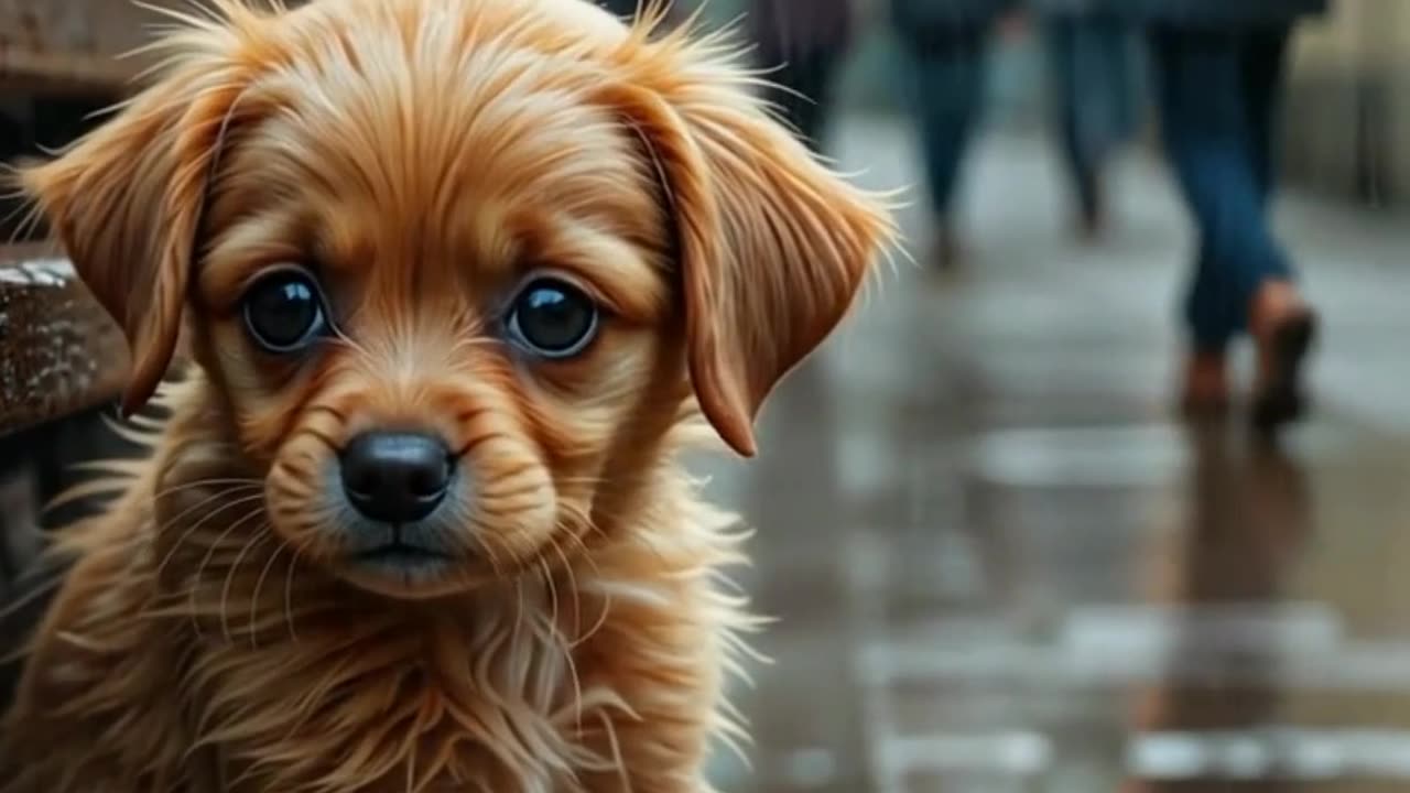 Golden-Brown Puppy Alone on the Road in the Rain — A Must-See Moment