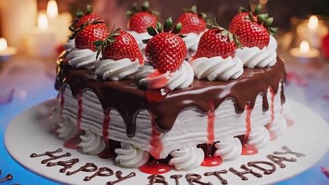 A delicious cake with chocolate frosting and decorated with strawberries
