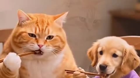 Orange cat adopt a cute puppy
