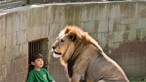 SHOCKING! LION GENTLY TENDS TO BOY IN ENCLOSURE! #lion #zoo #wildlife #animal 🦁