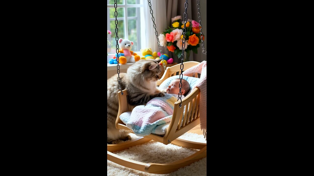 Cat Rocks Baby in Cradle 🐱👶