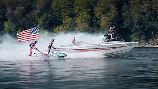 Harley does BURNOUT on top of 38ft Speed Boat