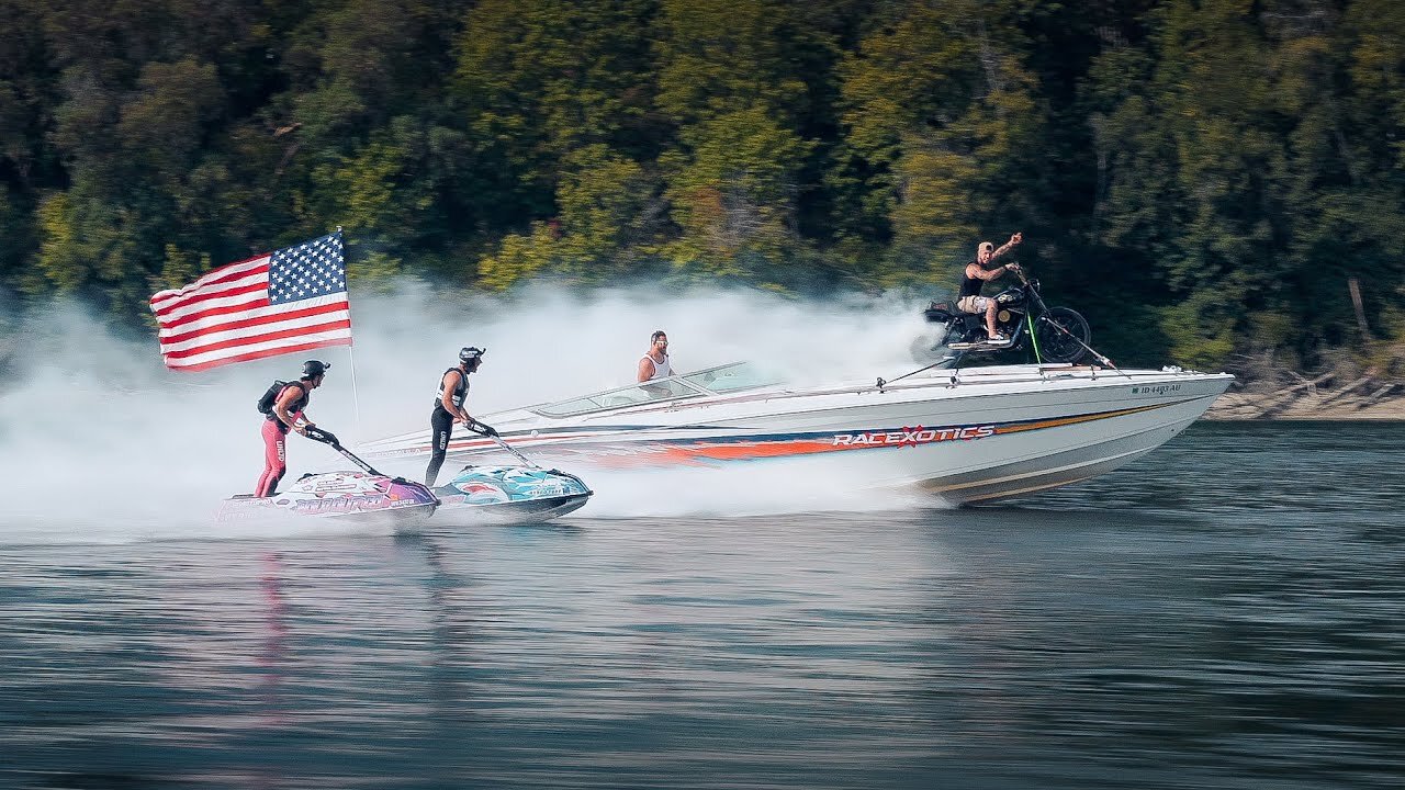 Harley does BURNOUT on top of 38ft Speed Boat