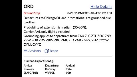 Chicago O'Hare International Airport (ORD) in Illinois currently under ground stop
