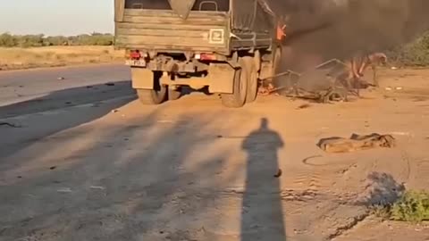 🔥 A Russian truck burns after an attack by Ukrainian drones on the highway between