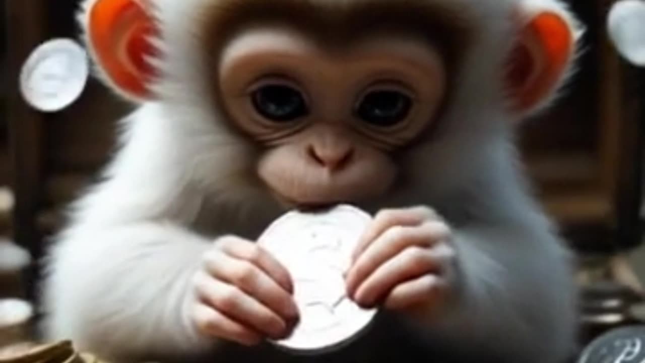 Baby Monkey Counting Coins with Strawberry Hat