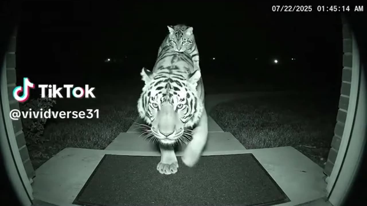 Night Cam captured this insane moment whee my cat returned with a tiger 🐯