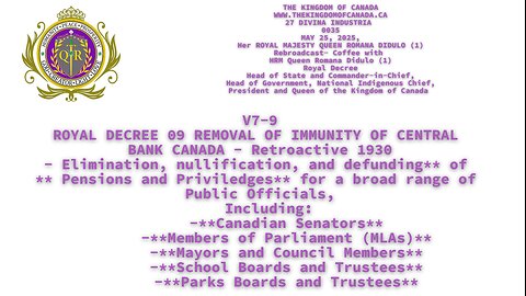ROYAL DECREE 09 REMOVAL OF IMMUNITY OF CENTRAL BANK CANADA - Retroactive 1930