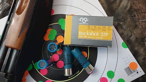 Noble Sports No. 4 Buckshot Load in 2.75" 12ga. with 3-shot group and shell breakdown.