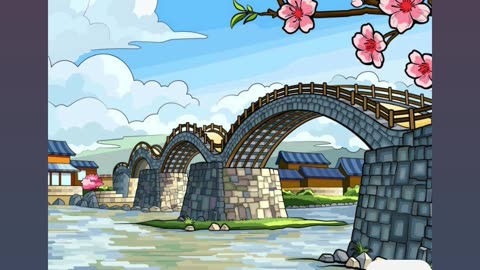 Elegant Japanese Stone Bridge With Blooming Cherry Blossoms in Serene Setting
