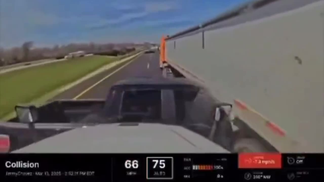 Accident; tried racing to pass a tractor trailer on a freeway. Total Fail