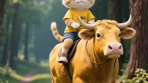 Orange Cat Rides a Cow Like a Boss 🐱#catshorts #catvideos #funnycats