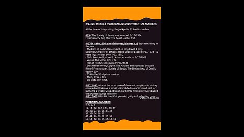 8/27/25 POWERBALL DECODE/POTENTIAL NUMBERS. See Description.