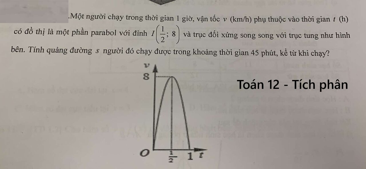 Toán 12: Một người chạy trong thời gian 1 giờ, vận tốc v (km/h) phụ thuộc vào thời gian t (h) có đồ